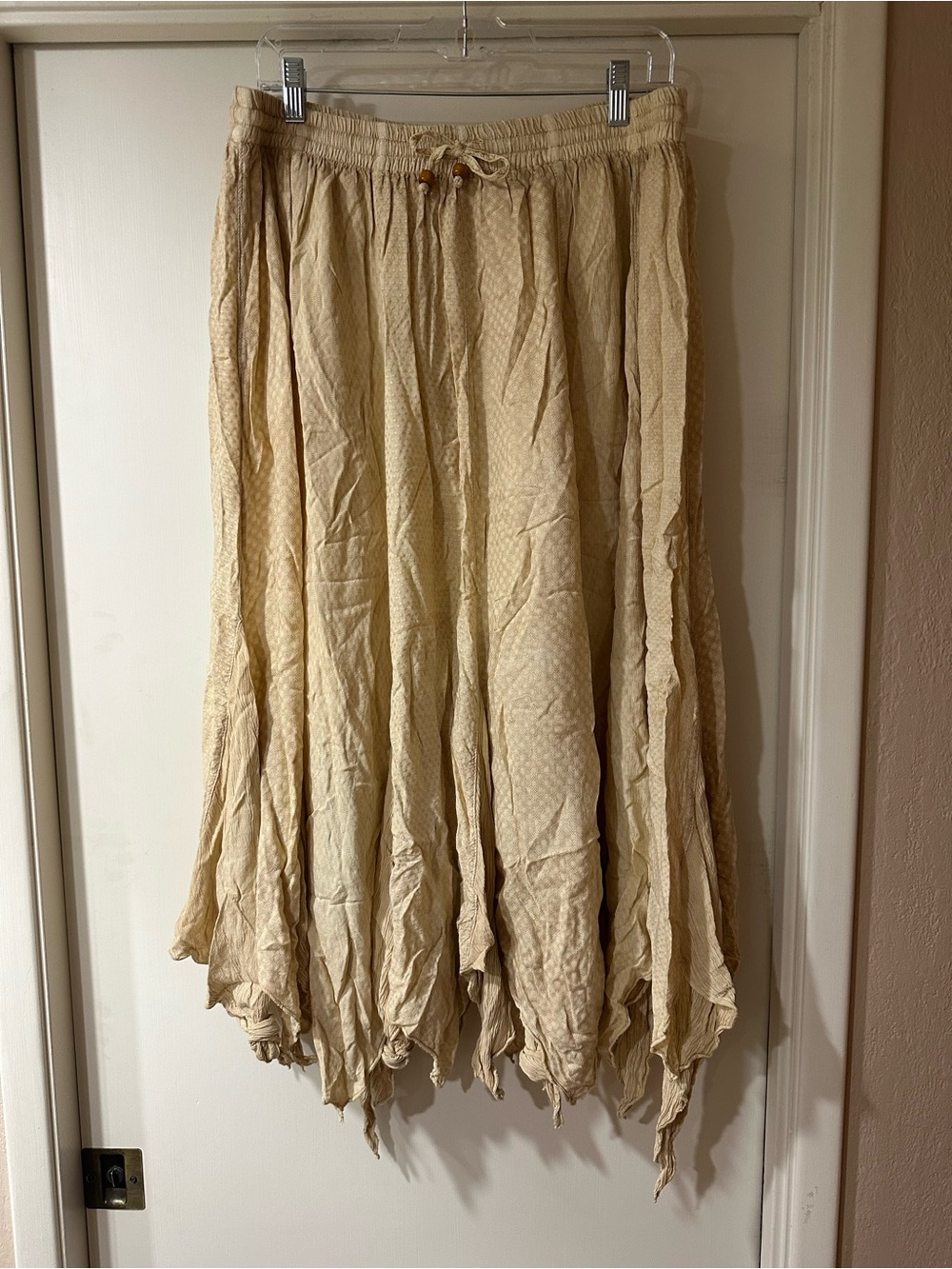 Cream Asymmetrical Boho Crinkled Maxi Skirt with Drawstring and Elastic Waist